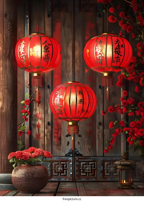 Three red lanterns hanging in front of a wooden door