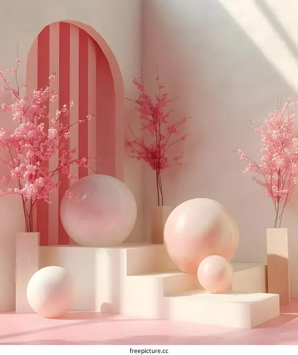 Simple pink geometric shapes and floral decorations in the room