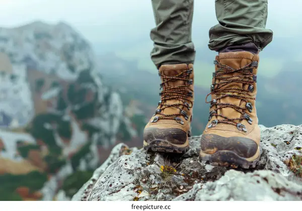 Close up of a hiker's boots on a rocky mountain peak