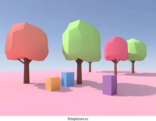 Low Poly Trees and Colorful Cubes in Pastel Landscape