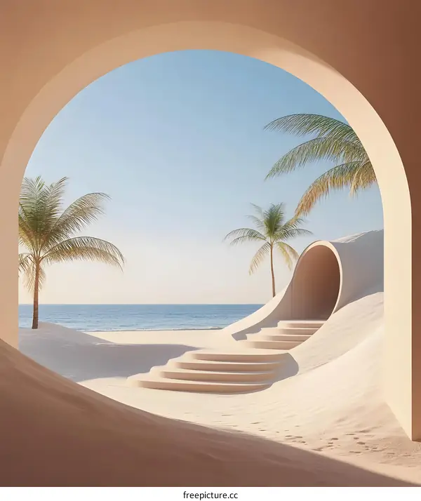 Minimalist Beach Scene with Palm Trees and Tunnel