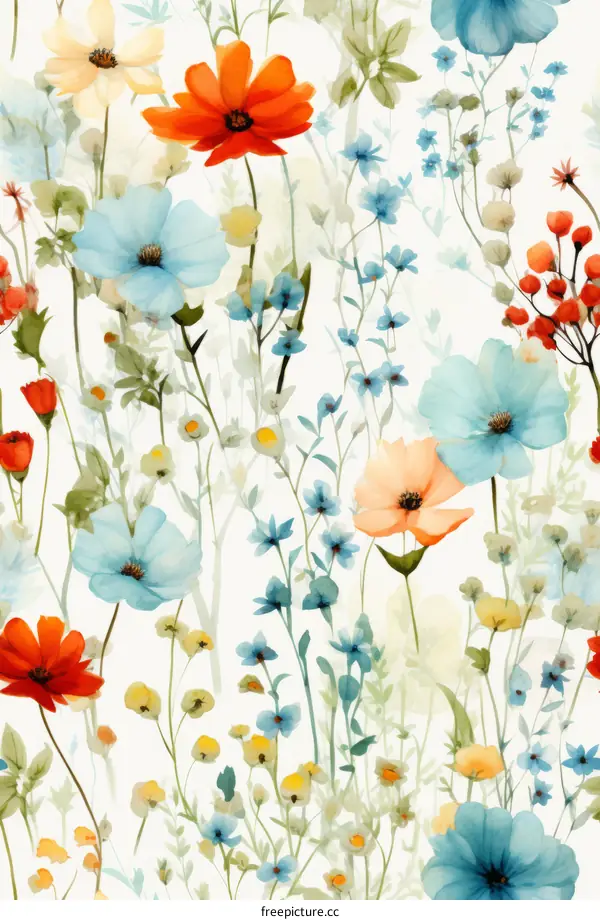 Watercolor Floral Seamless Pattern with Orange, Blue, and Yellow Flowers