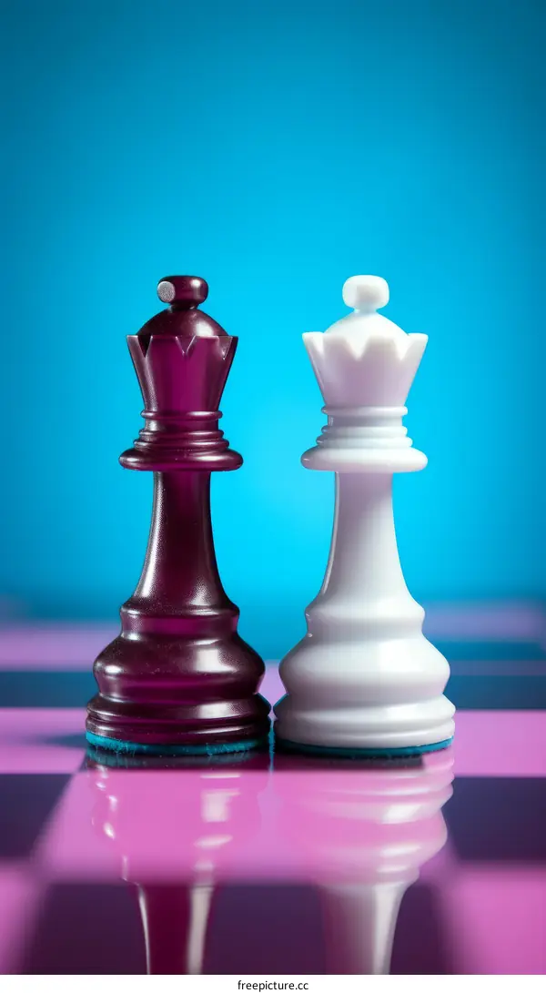 Purple and white chess queens on a chessboard with a blue background
