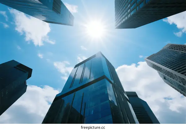 Sun Shining Over Modern Urban Skyscrapers in a Clear Blue Sky