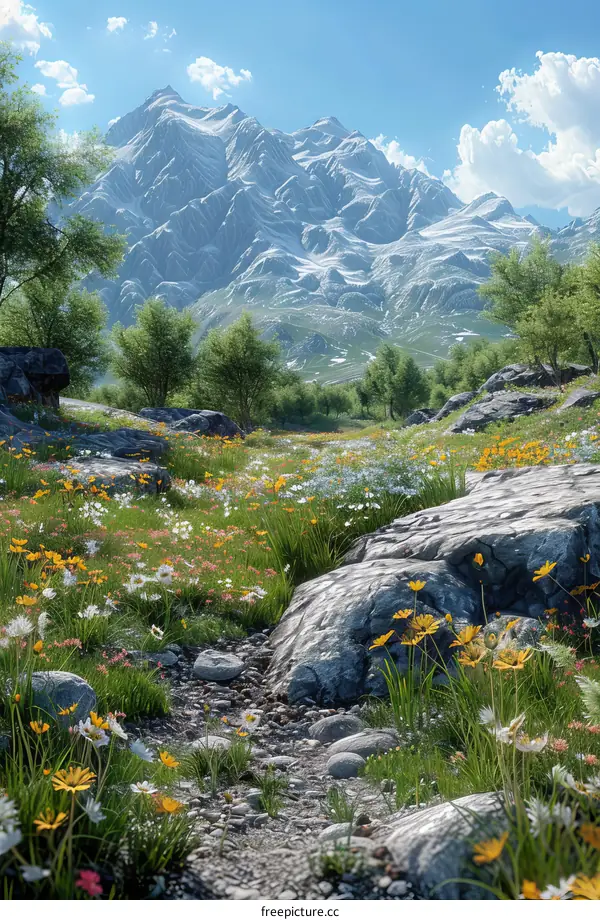 Alpine Meadow with Colorful Flowers and Snow-capped Mountains