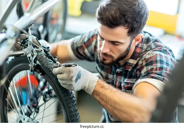 Man Fixing Bicycle Rear Wheel Brake in Workshop