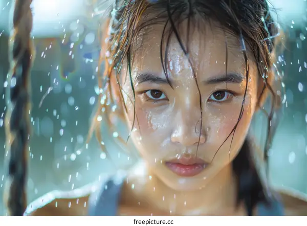 Portrait of a young Asian woman with water drops on her face