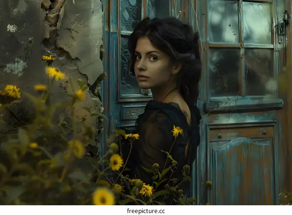 portrait of a beautiful young woman in a black dress standing in front of a blue door
