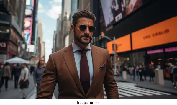 A man in a brown suit and sunglasses is walking down a busy street in New York City.