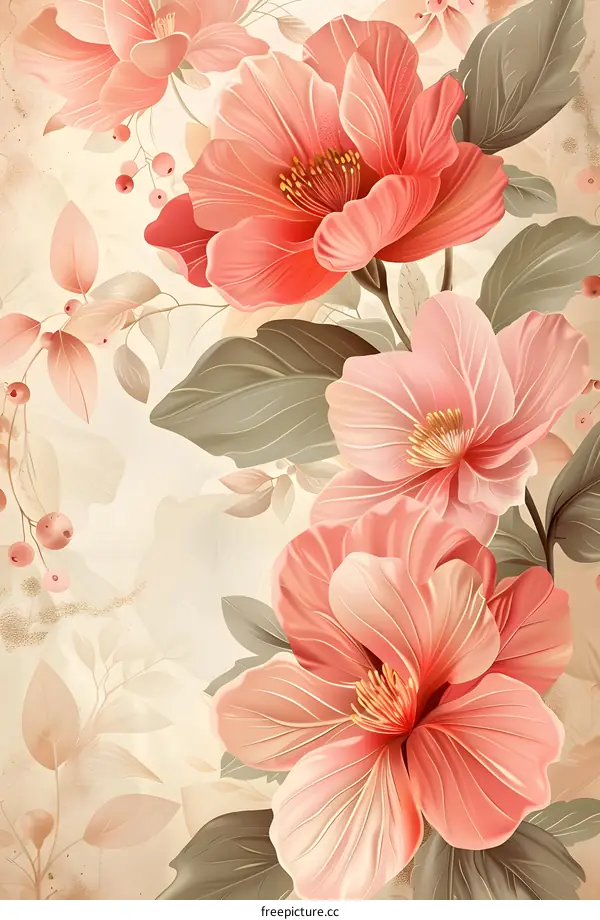 Pink flowers with green leaves on a beige background