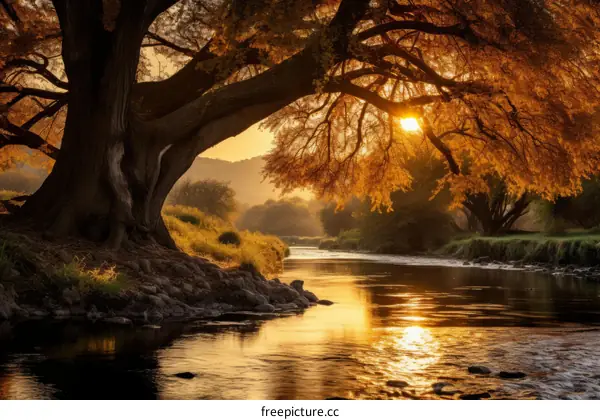 A river flows through a forest of golden trees in the fall