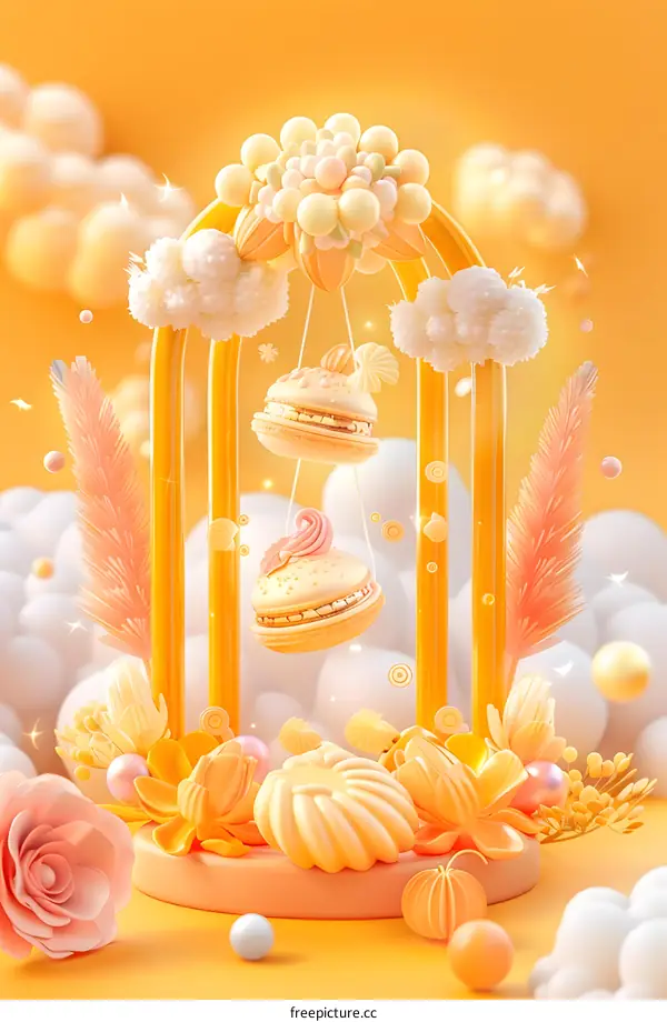Sweet Macarons Hanging From a Yellow Archway