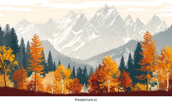 Autumn Forest Landscape With Mountain Range Illustration
