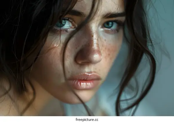 portrait of a beautiful young woman with freckles and green eyes