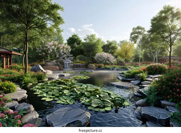 Garden Pavilion with Waterfall and Rockery