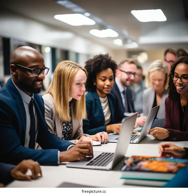 Multiethnic group of business professionals working together on a project using laptop computers