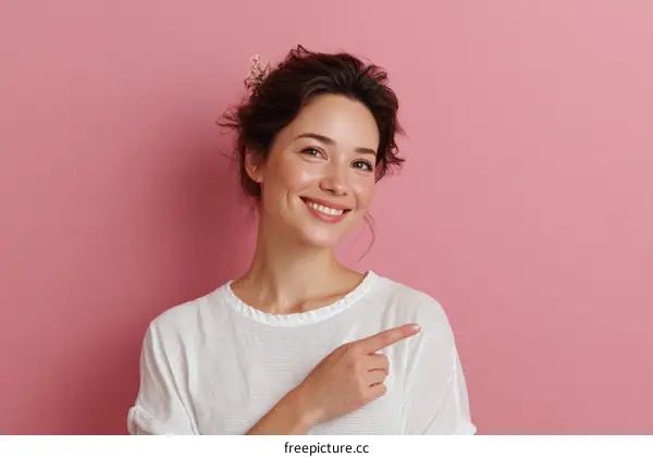 Smiling Woman Pointing in a Pink Background