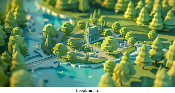Low Poly Illustration Of A Park With Trees And A Building