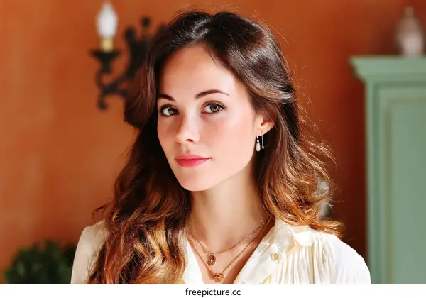 Closeup Portrait of a Caucasian Woman with Long Wavy Hair