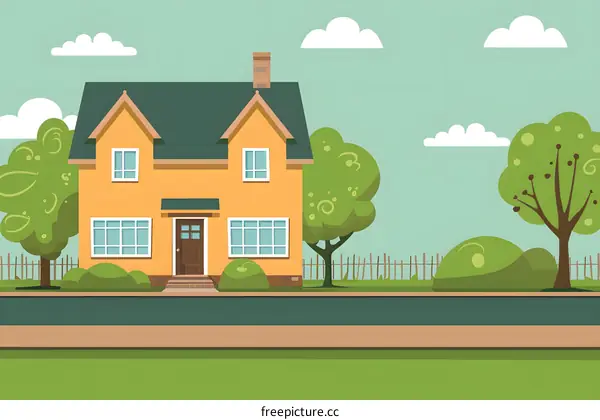 Cartoon Illustration of a Yellow House with Green Trees and a Fence