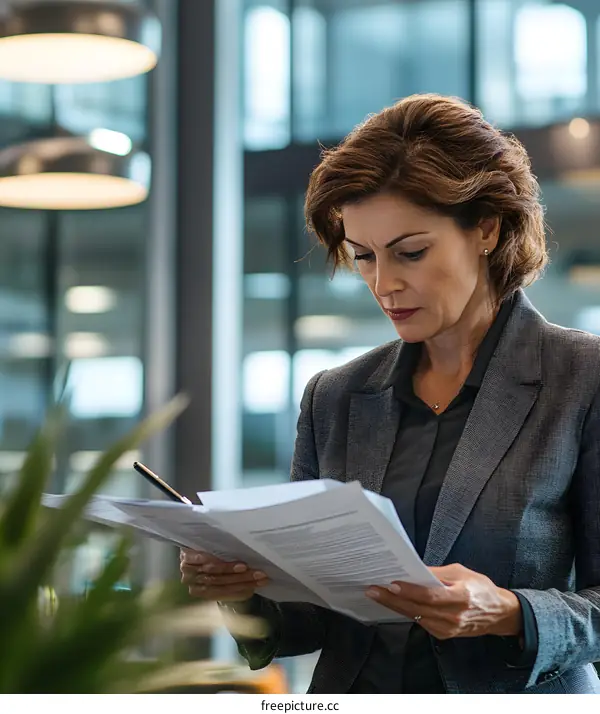 Businesswoman Reviewing Documents in Office Building