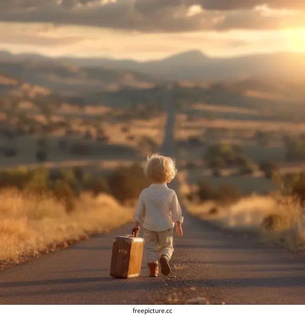 Little boy with suitcase walking alone on a rural road