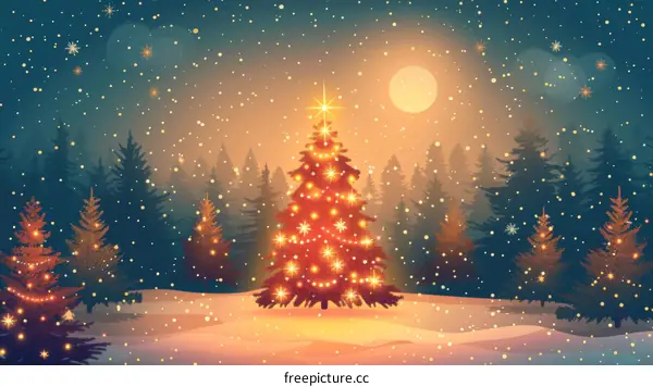 Snowy Christmas Night with Sparkling Tree