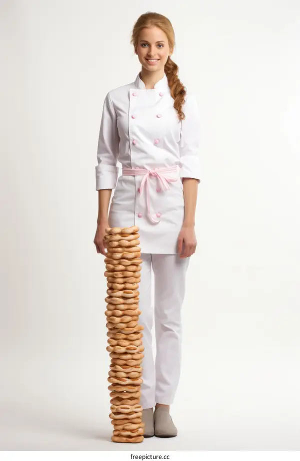 woman in white uniform standing next to a tall stack of bagels