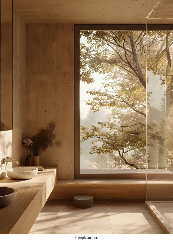 Bathroom With Large Windows Overlooking Trees