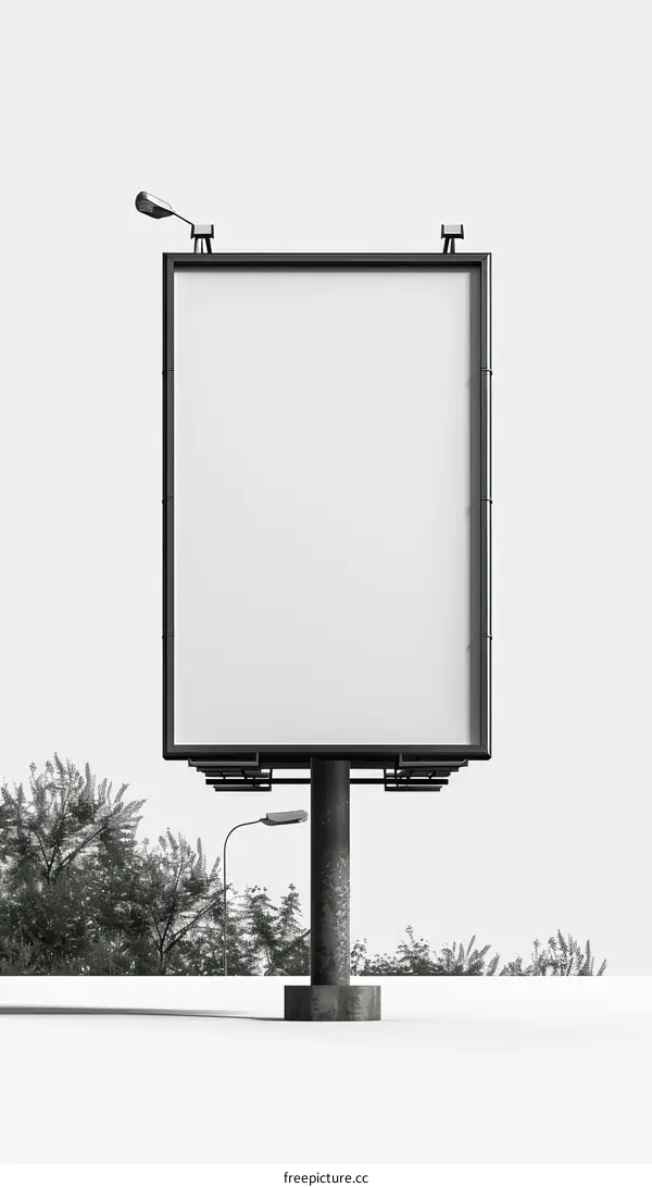Blank billboard on the side of the road with trees and a street lamp in the background