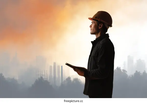 Construction Worker Overseeing Urban Development Amidst Smoke