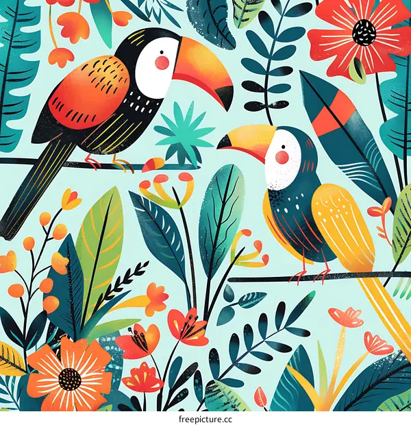 Tropical Toucans with Colorful Flowers and Leaves