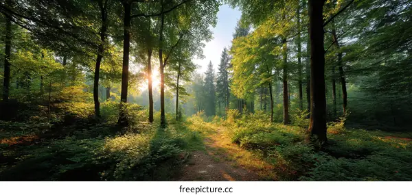 Sunlight filtering through forest canopy at dawn