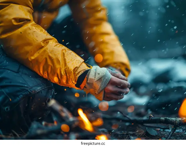 A person wearing a yellow jacket is warming their hands over a campfire.