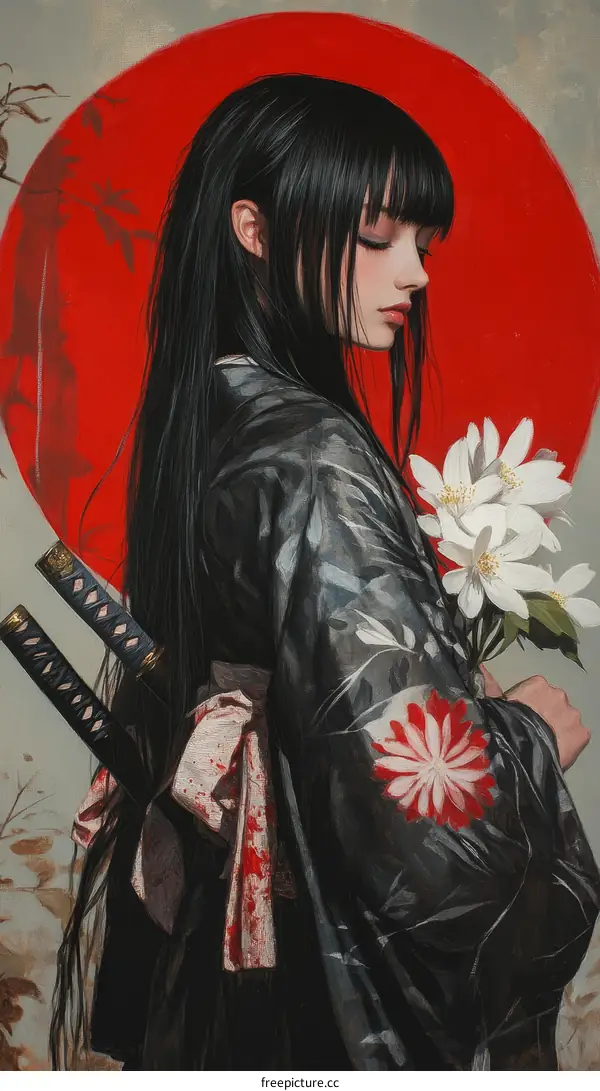 Asian Woman in Traditional Attire with Swords and Flowers