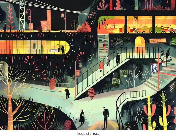 Cityscape Illustration With People Walking On Stairs