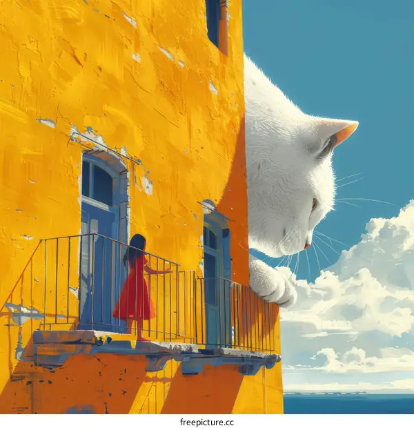 A girl standing on a balcony next to a giant white cat