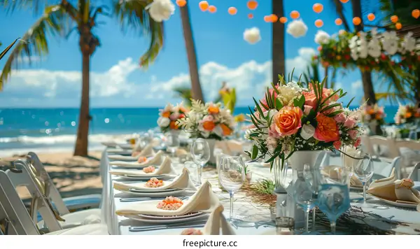 A beautiful beach wedding setup with a view of the ocean