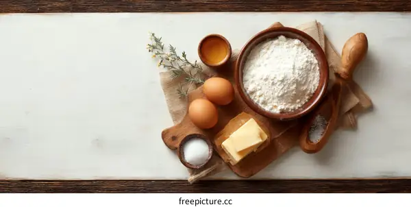 Baking Ingredients Laid Out on a White Table