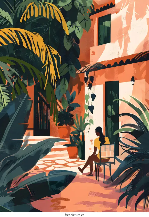 Woman Sitting in a Tropical Garden