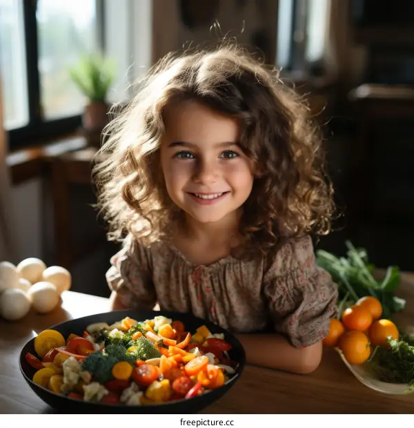 Little girl sitting at the table with a bowl of vegetables