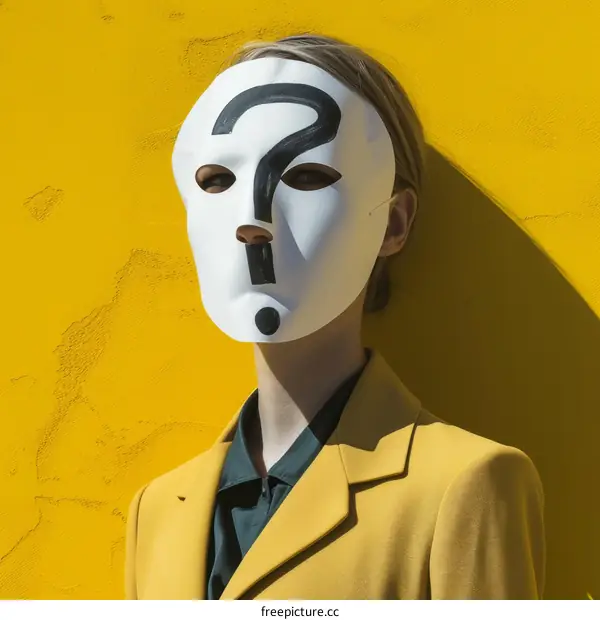 A woman wearing a white mask with a question mark on it