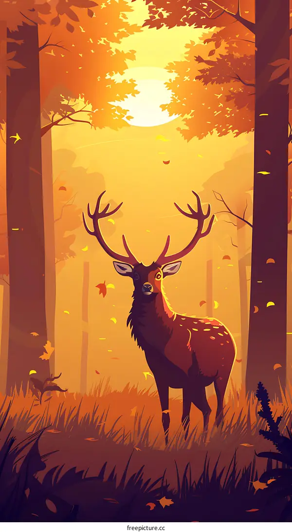 Forest Deer Autumn Sunset Landscape Illustration