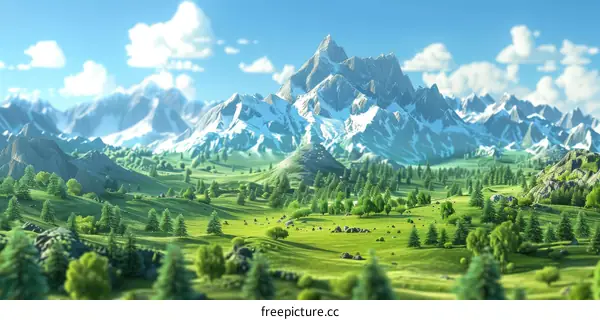 Fantasy Green Mountain Landscape with Rocks and Trees