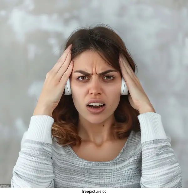 Frustrated young woman listening to loud music with headphones