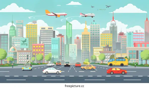 Cartoon Cityscape with Cars and Planes