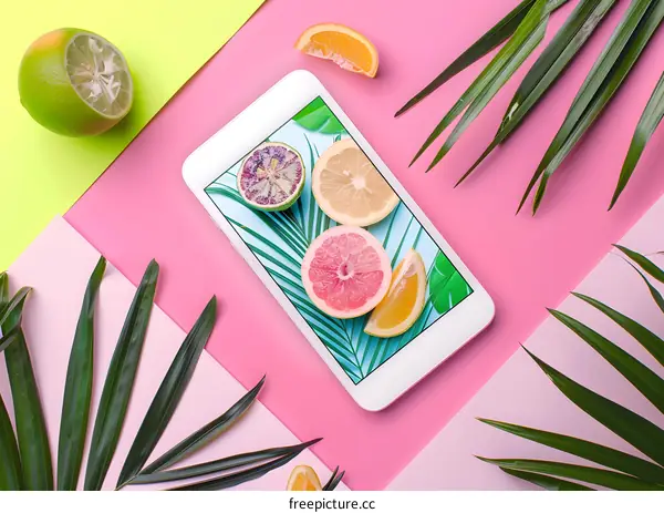 Tropical Fruits and Tablet with Colorful Background