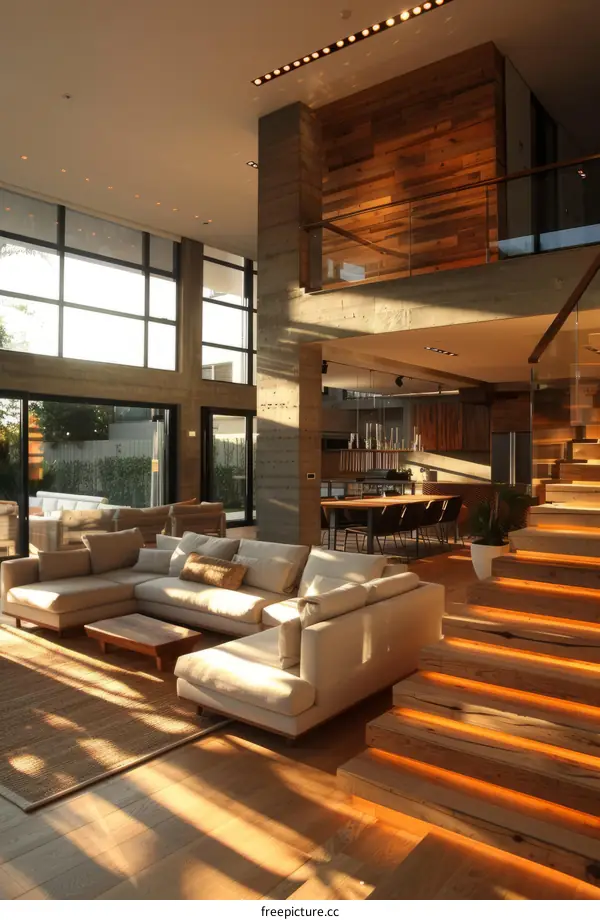 Modern Living Room with Wood Accents and Concrete Features