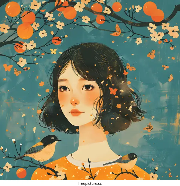 Girl with Birds and Flowers