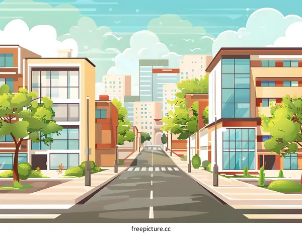 Summer Cityscape Illustration with Street and Buildings
